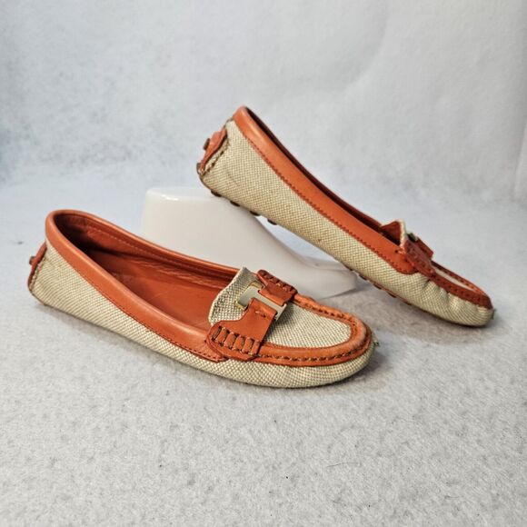 TORY BURCH Womens Driving Moccasins Sz 6 Orange Leather Canvas Loafers Tan - Picture 1 of 6